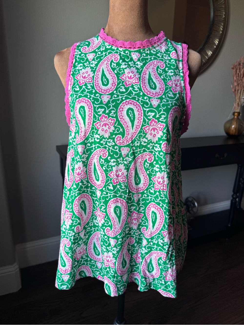 Boden Green & Pink Crochet Edge Paisley Tank Top Modal Cotton Size 8 NWOT